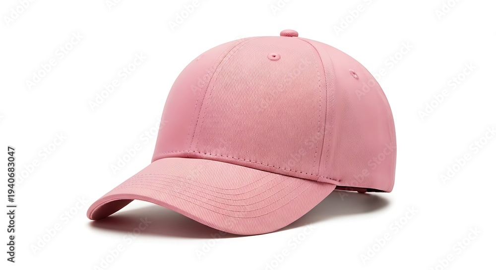 Fototapeta premium Pink baseball cap with textured fabric and curved brim on white background, isolated fashion accessory for casual wear and outdoor activities.