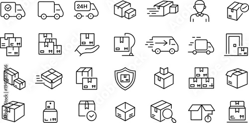 Shipping delivery logistics icons, package tracking, courier service, fast transportation, secure shipping, global e-commerce supply chain, flat vector illustration