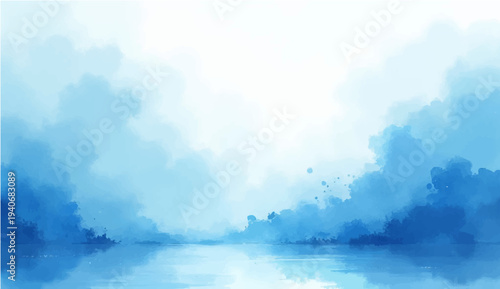A beautiful abstract watercolor background depicts a bright sunny day with fluffy white cumulus clouds floating across a serene blue summer sky filled with natural sunlight
