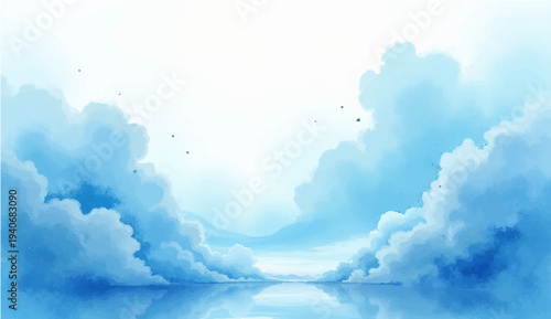 A beautiful abstract watercolor background depicts a bright sunny day with fluffy white cumulus clouds floating across a serene blue summer sky filled with natural sunlight