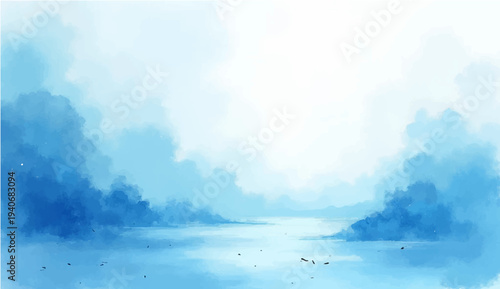 A beautiful abstract watercolor background depicts a bright sunny day with fluffy white cumulus clouds floating across a serene blue summer sky filled with natural sunlight