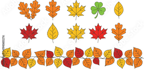 Set of colorful autumn leaves of various trees in flat style with outline vector illustration for nature designs.