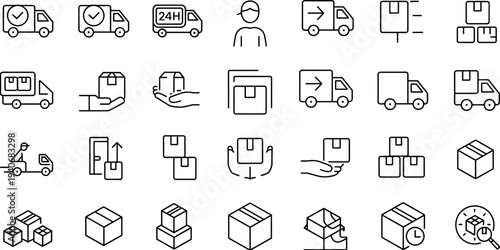 Delivery logistics icons, courier service, package handling, fast shipping, secure transport, e-commerce supply chain, tracking system, flat vector illustration design