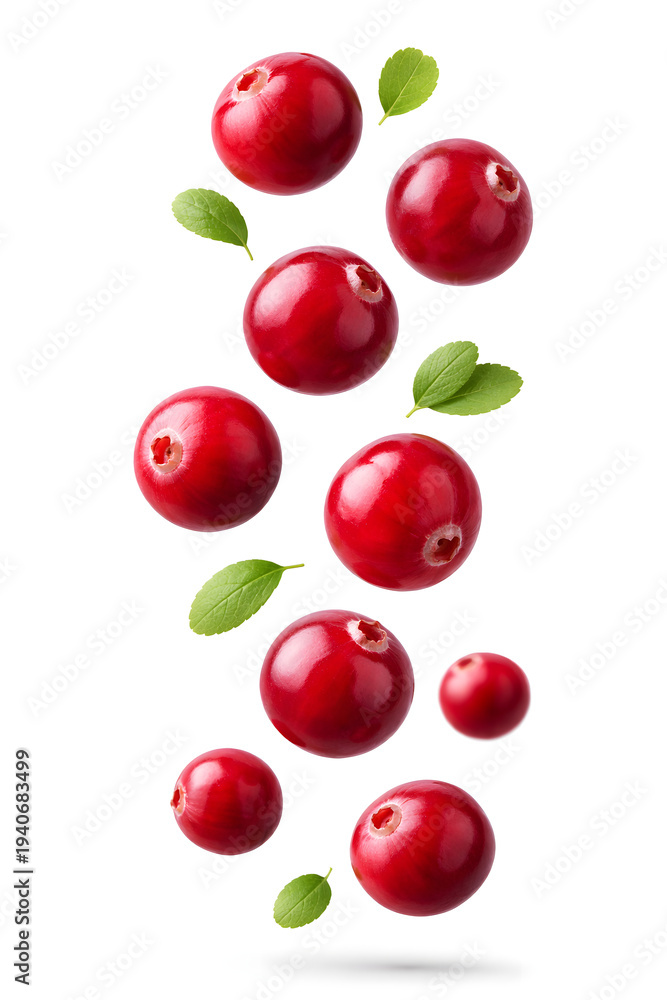 Obraz premium Cranberries are seen suspended in the air with small green leaves. The berries are bright and round, showing their rich color and freshness. This setup highlights their natural beauty