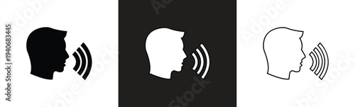 Speaking icon set. Talk person sign or symbol , man with open mouth and sound wave , Voice command, vector illustration on white background