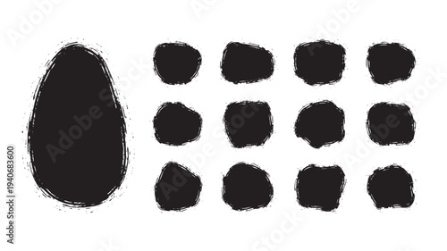 Black organic shapes with rough, textured edges and a distressed, brushstroke-like outline for graphic design elements