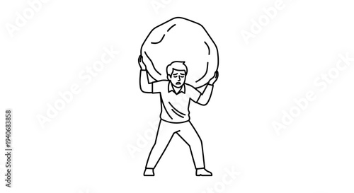 Man Carrying Heavy Boulder on Shoulders Struggling with Immense Weight