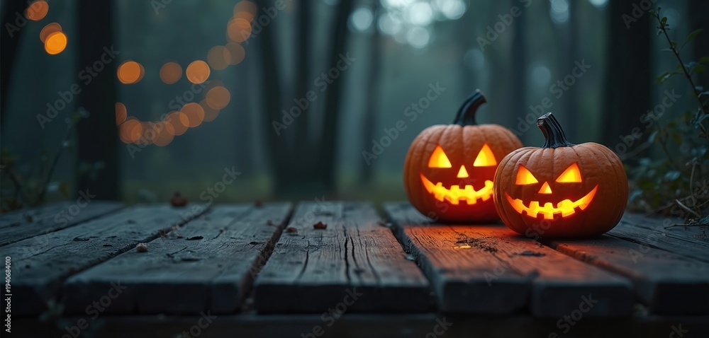 Obraz premium Two carved pumpkins glow with carved faces on wooden planks. Outdoor night scene with blurred string lights in dark forest. Spooky Halloween atmosphere.