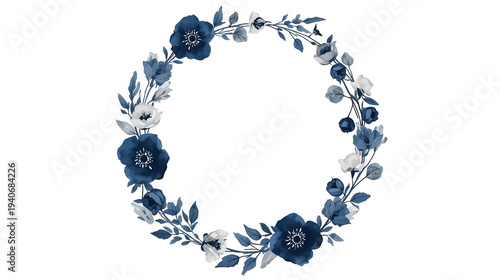 Royal Midnight Blue Watercolor Floral Wreath with Navy and Silver Leaves