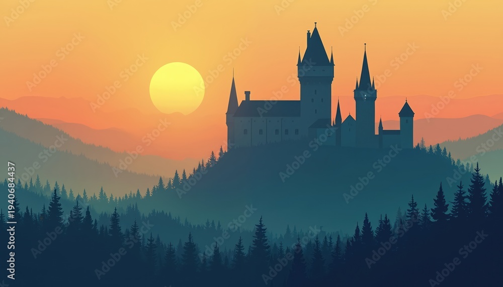Naklejka premium Gothic castle silhouette on hill at sunset. Majestic ancient architecture with towers and spires over misty forest landscape. Evening sky glows with warm orange.
