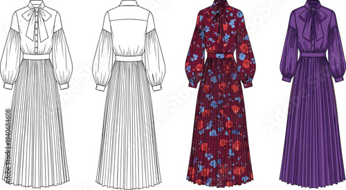 Women Pussy Bow Pleated Maxi Dress Technical Flat Sketch with Lantern Sleeves and Button Down Front CAD Drawing Flat Vector Illustration