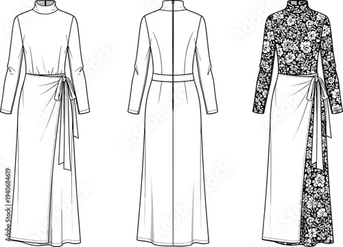Women Mock Neck Wrap Maxi Dress Technical Flat Sketch with Long Sleeves and Side Tie Waist CAD Drawing Flat Vector Illustration