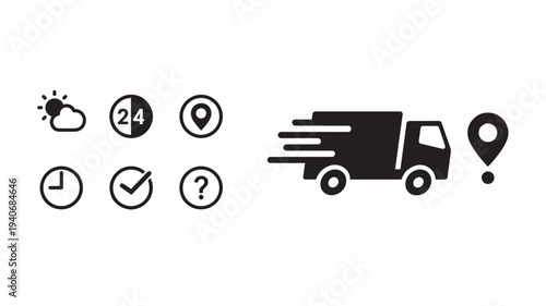Truck icons set with weather, time, location, checkmark, and question mark for logistics and delivery services