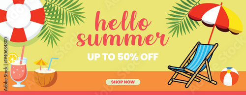 summer tropical sale banner and summer background for social media cover header banner Summer sale banner with beach chair and umbrella vacation season promotion with tropical palm leaves background