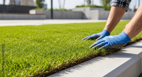 Gardener laying sod on lawn in park. Man creating landscaping with turf roll. Professional worker installing green grass near sidewalk. Backyard improvement and exterior design project.