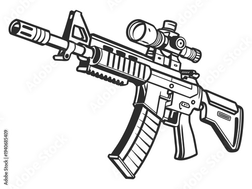 Modern assault rifle with scope and silencer