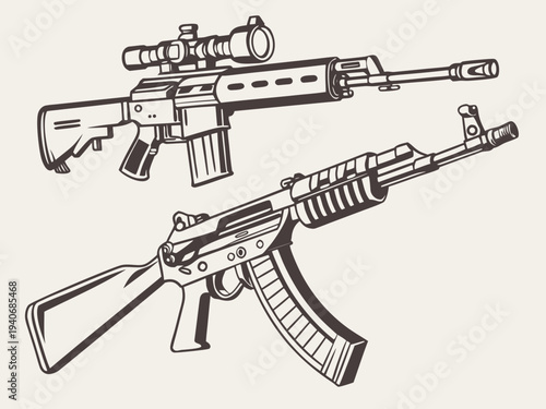 Modern assault rifles with scope for tactical operations