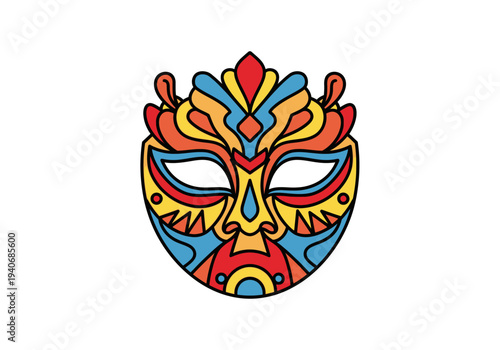 Stylized colorful decorative mask illustration with black outlines on a white background