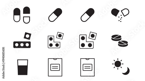 Pills, tablets, blister packs, and glass of water icons with sun and moon symbols for dosage timing.