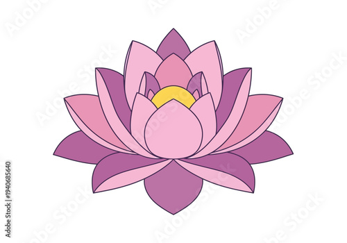 Stylized layered lotus flower illustration with pink and purple petals and a yellow center