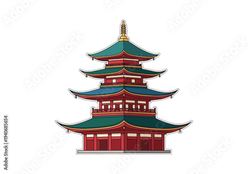 Stylized illustration of a multitiered red and green pagoda structure on a white background