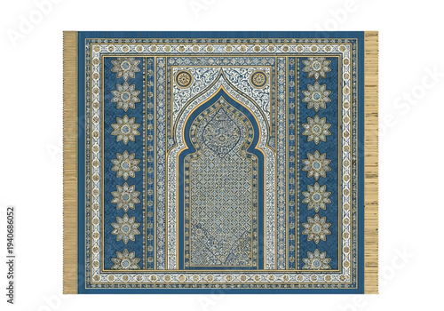 Blue Islamic prayer rug with central mihrab arch design and floral borders