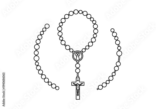 Outline drawing of a Catholic rosary showing the full loop drop centerpiece and crucifix