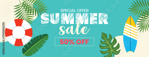 summer tropical sale banner and summer background for social media cover header banner Summer sale banner with special offer tropical leaves surfboard and lifesaver on sandy beach background