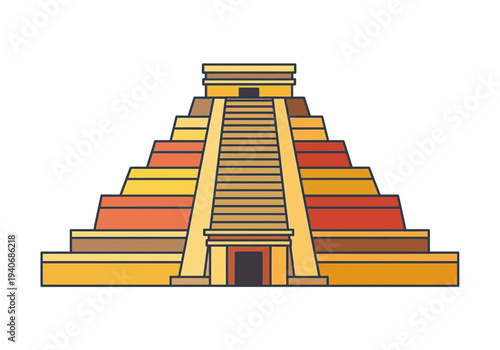 Stylized illustration of a stepped pyramid structure with a central stairway