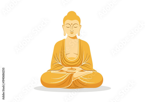 Stylized illustration of the meditating Buddha in saffron robes on a white background