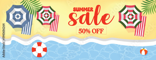 summer tropical sale banner and summer background for social media cover header banner Summer sale beach scene banner with umbrellas towels, seaside vacation promotion illustration with ocean waves