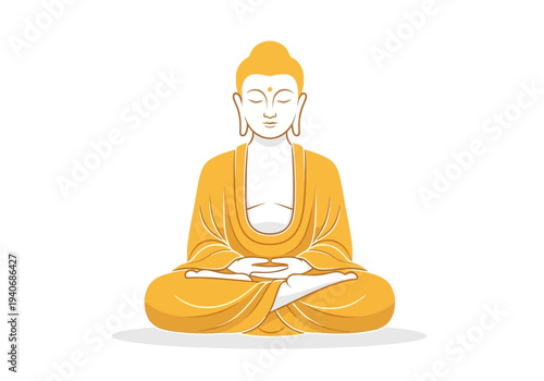Illustration of Buddha seated in meditation posture saffron robe white skin