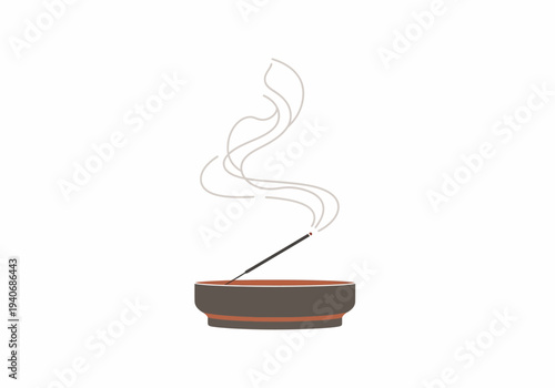 Minimalist illustration of an incense stick burning in a dark bowl emitting light gray smoke