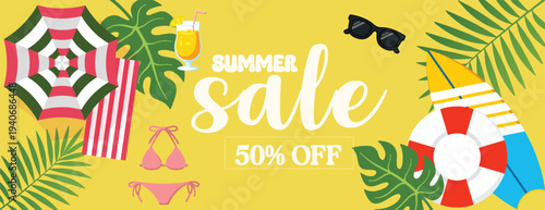 summer tropical sale banner and summer background for social media cover header banner Summer sale promotion ads discount banner with bikini sunglasses surfboard life ring tropical leaves umbrella