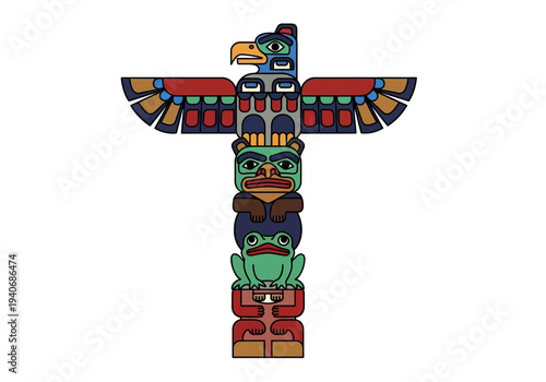 Stylized colorful totem pole featuring an eagle bear frog and human figures