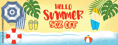 summer tropical sale banner and summer background for social media cover header banner Hello summer promotional advertising banner with surfboard flip flops beach umbrella tropical leaves and waves