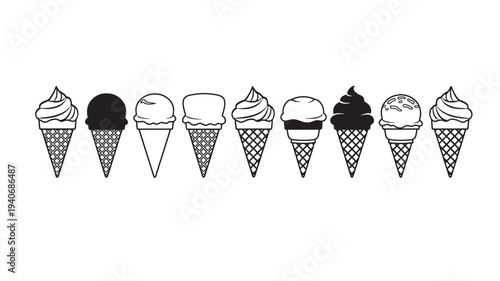 Ice cream cones in a row, a mix of simple outlines and solid black fills, showcasing various shapes and sizes.