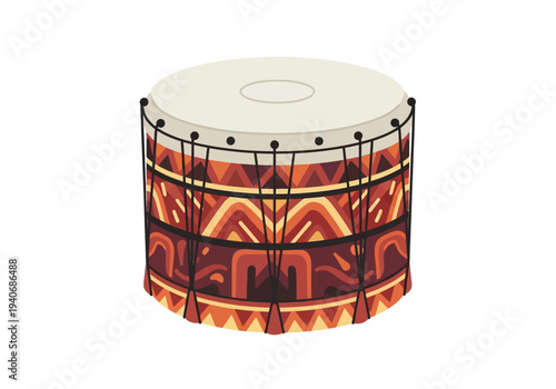 Stylized illustration of an African djembe drum with colorful geometric patterns