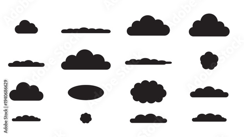 Clouds silhouette icons set with various shapes and sizes on a clean white background. featuring cloud, icon, collection with weather and sky