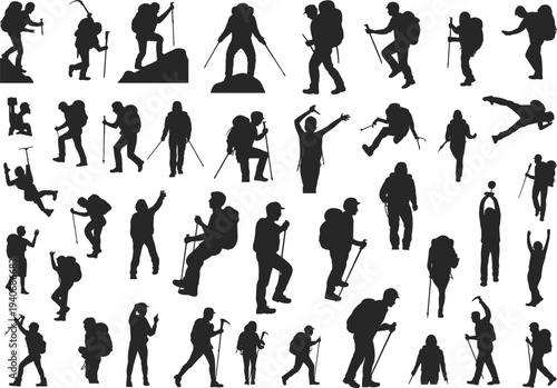 hiking, mountaineer, silhouettes, trekking, backpackers, climbing, adventure, collection, vector, illustration, outdoor, travel, icons, isolated, white, background, design, set, exploration, clipart