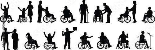 Wheelchair people silhouettes collection, disabled persons assistance poses set, black isolated accessibility icons, editable shapes, flat vector illustration