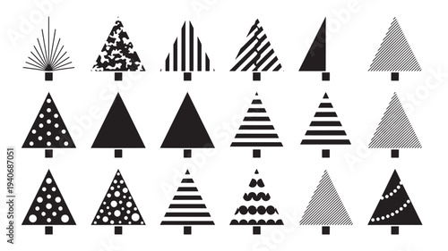 Christmas trees collection featuring geometric patterns, polka dots, stripes, and abstract designs in black and white.