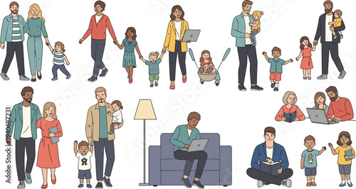 Family lifestyle vector character set with parents and children daily activities parenting home life and modern family illustration