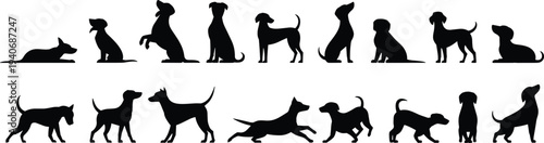 Dog silhouettes collection, various breeds poses set, black isolated icons, pet animal clipart, flat vector illustration design bundle, editable EPS
