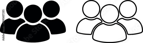 Minimalist group of people icons presented in both solid and outline styles ideal for user interface design web elements and team concepts
