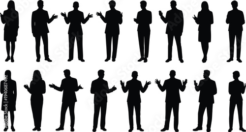 Business people presentation silhouettes collection, men women speaking poses set, black isolated human icons, flat vector illustration bundle