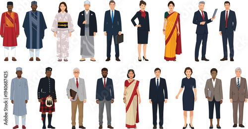 People wearing traditional cultural clothing and business outfits vector character set with diverse men and women international costumes