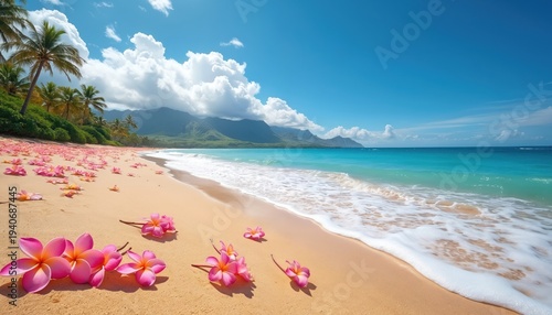 Tropical beach scene with pink plumeria flowers scattered on golden sand. Gentle ocean waves meet the shore under a bright blue sky with fluffy clouds and distant green mountains.