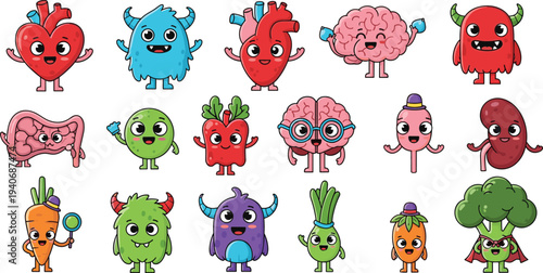 Cute organs vegetables and monster characters vector set with heart brain carrot broccoli and funny cartoon anatomy mascots