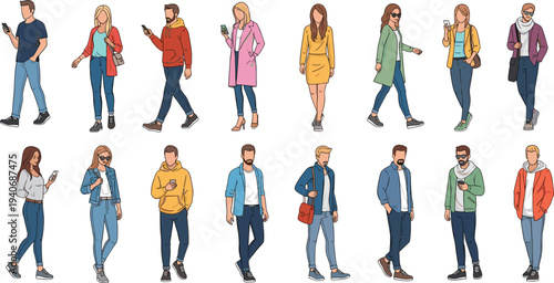 People walking and using smartphones vector character set with modern casual men and women urban lifestyle illustrations